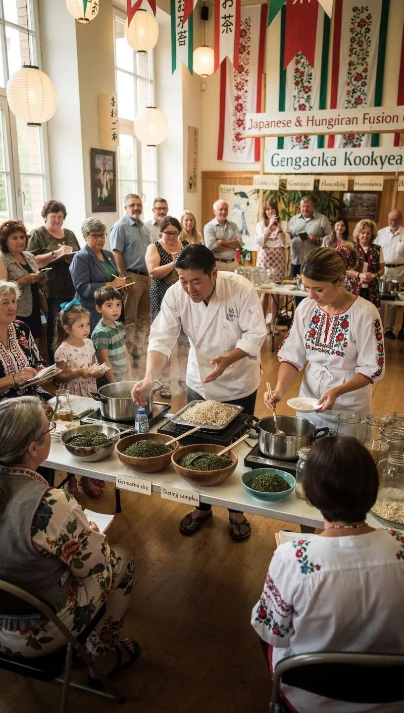 Frissítő genmaicha tea, amelyet díszes teáskanállal kevernek.