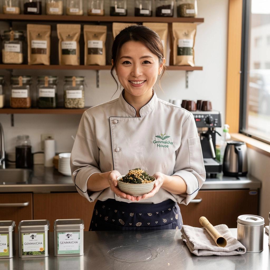 Friss, zöld tea levelek és pörkölt rizs harmonikus keveréke.