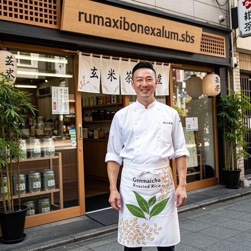 Egy csésze genmaicha tea gőzölög, körülötte tálcán pörkölt szemek.